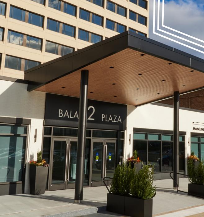 Two Bala Plaza exterior showing contemporary office building with landscaping in Bala Cynwyd business district